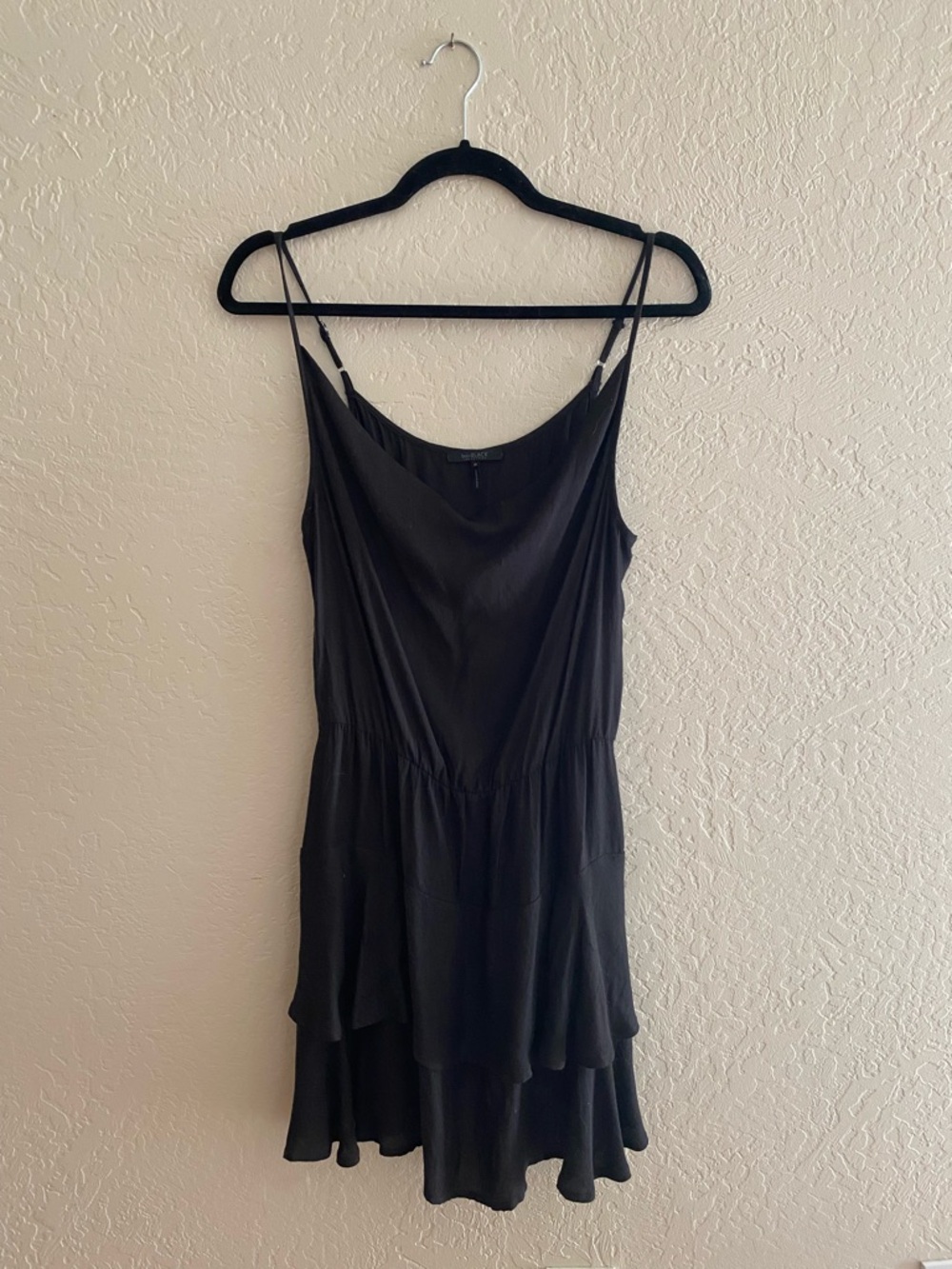 Bobi Black Tiered Spaghetti Strap Mini Dress